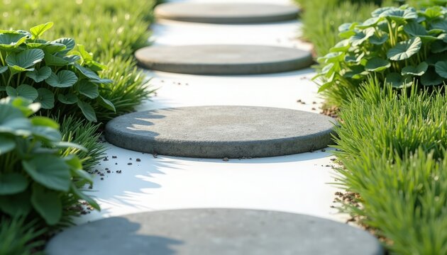 Garden stepping stones pathway with circular pavers set in lush green lawn and low groundcover, garden stepping stones leading toward backyard with soft morning sunlight,