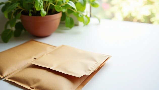Padded mailers on clean white desk with terracotta plant pot, two kraft padded mailers and small protective envelope, natural kraft packaging materials and soft daylight, label area visible,