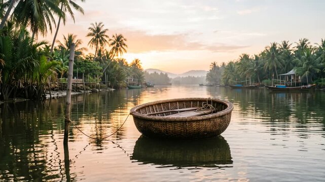 floating coconut basket boat in hoi an vietnam at morning light static video