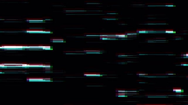 Abstract RGB glitch distortion overlay with alpha channel and seamless loop, featuring digital noise, scanline artifacts and flickering horizontal interference on transparent-ready footage