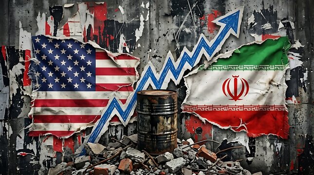 Weathered oil drum sits amid rubble flanked by torn united states and iran flags under rising blue financial graph arrow representing geopolitical tensions and petroleum market rise.