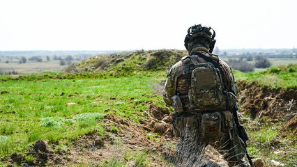 Fototapeta premium Modern Russian soldiers during training at the training ground.
