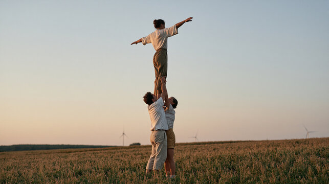 Street acrobat and a partner practicing balancing acts in a quiet rural landscape at dusk, supporting each other mid maneuver in a field, community arts, performance training,