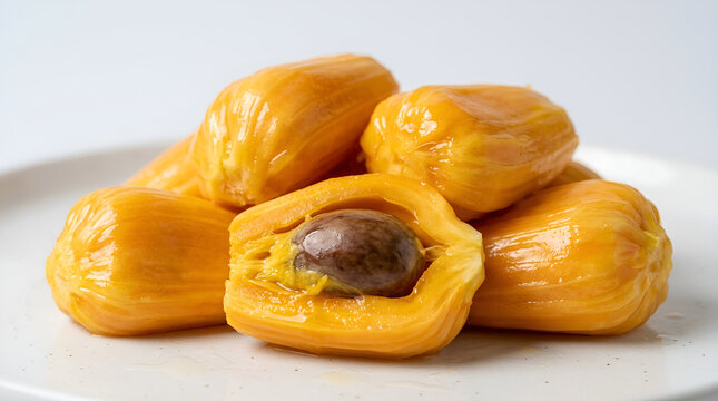 White plate full of glossy sweet golden yellow jackfruit flesh, one piece opened brown seed visible in center, juicy fibrous fresh texture, ripe tropical fruit isolated white background