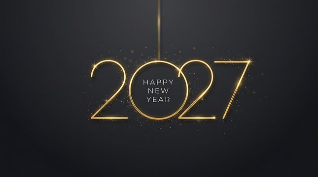 modern gold 2027 new year text with elegant hanging circular accent and light flares on black backdrop for sophisticated seasonal greetings.