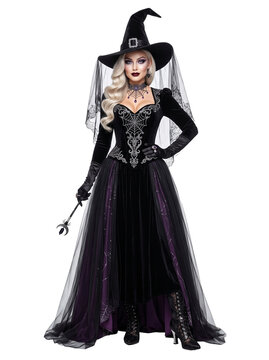 Woman in Elegant Gothic Witch Gown with Tulle Skirt and Pointed Hat on Transparent Background