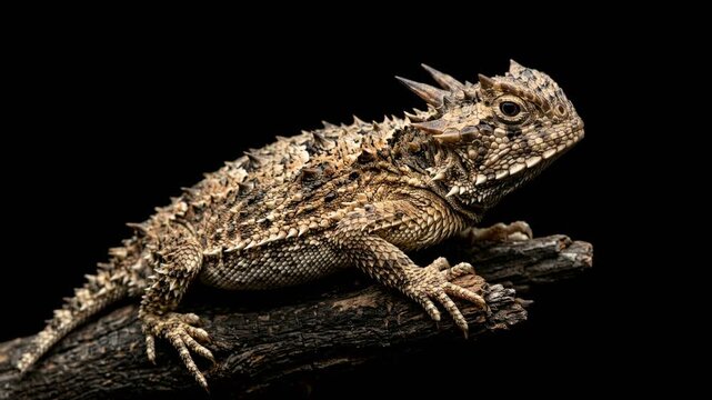 horned lizard close up isolated on black background studio portrait in texas usa video
