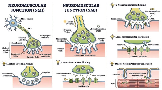 Neuromuscular junction diagram showing muscle contraction stages