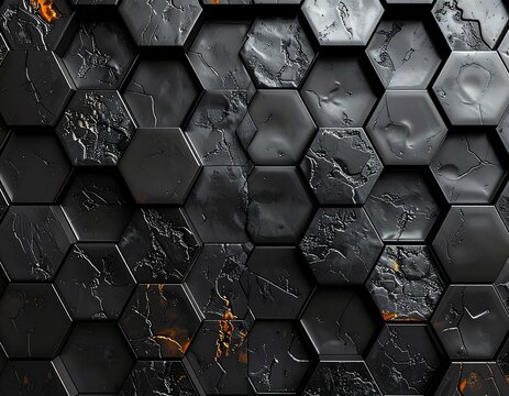 Seamless Pattern of Raised Interlocking Hexagon Grid in Black Urushi Lacquer Texture