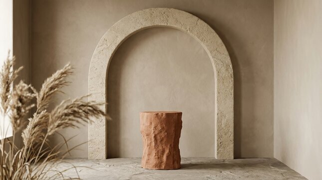 Empty product display podium with stone arch and pampas grass in minimalist interior