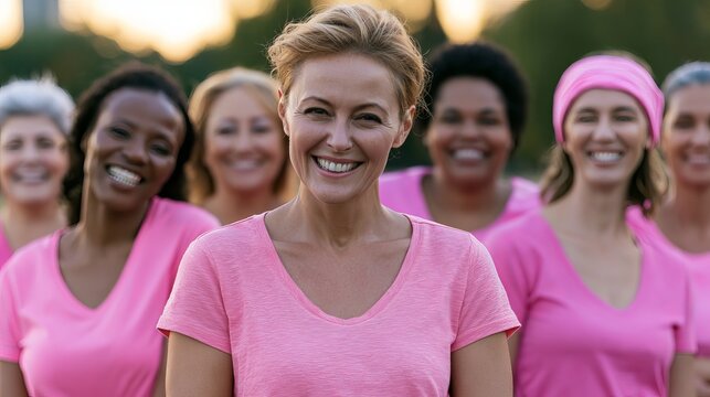 Strong woman with confident smile stands among supportive friends, a concept for breast cancer awareness and female empowerment