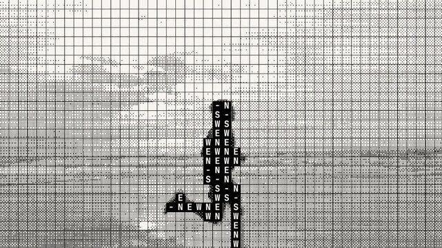 Vintage film runner silhouette with grid overlay. Retro grainy athlete jogging on beach. Abstract black and white sports motion.
