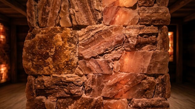 Pink himalayan salt block wall with warm ambient lighting