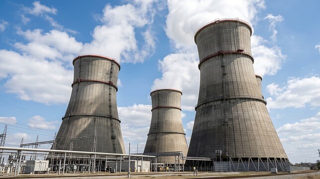Cooling towers at power plant emitting steam into blue sky with clouds, industrial infrastructure for energy production and environmental impact consideration.