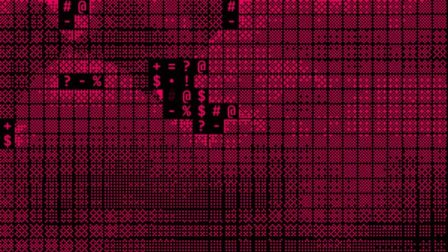 Cyberpunk digital grid background with glitching symbols. Pink data stream interface. Abstract technology matrix for hacking and security visuals.