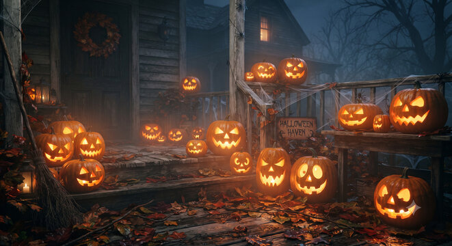 Creepy autumn festival celebration featuring illuminated pumpkin decorations and eerie haunted house atmosphere	조명된 호박 장식과 기괴한 유령의 집 분위기가 특징인 소름 끼치는 가을 페스티벌 축하 행사
