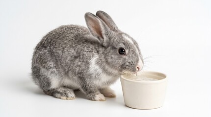 Naklejka premium Cute grey baby rabbit drinking water from a small ceramic bowl isolated on a white background