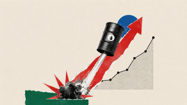 Oil prices surging on Middle East conflict shown as a black barrel launching upward like a rocket above a rising line chart
