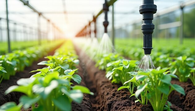 Greenhouse irrigation system watering young vegetable seedlings in neat soil rows, drip nozzle spraying fine mist over healthy green plants and controlled moisture,