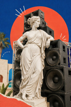 Summer festival hedonism and Mediterranean party season pictured as a marble goddess leaning on a towering speaker stack