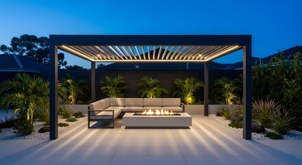Obraz premium Modern backyard patio featuring a louvered pergola with comfortable sectional sofa and fire pit at dusk.