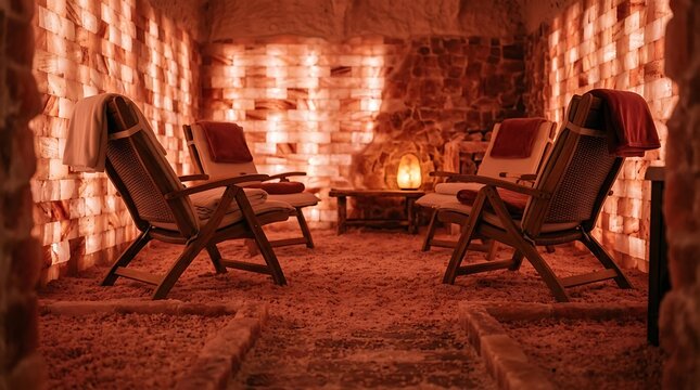 Relaxing salt cave therapy room with glowing brick walls and chairs