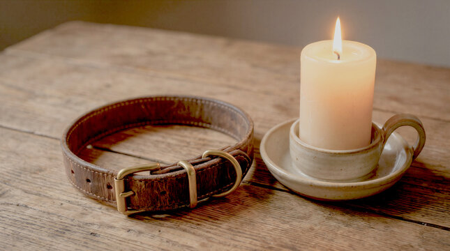 Pet collar and burning candle on a wooden table, pet loss and memory concept