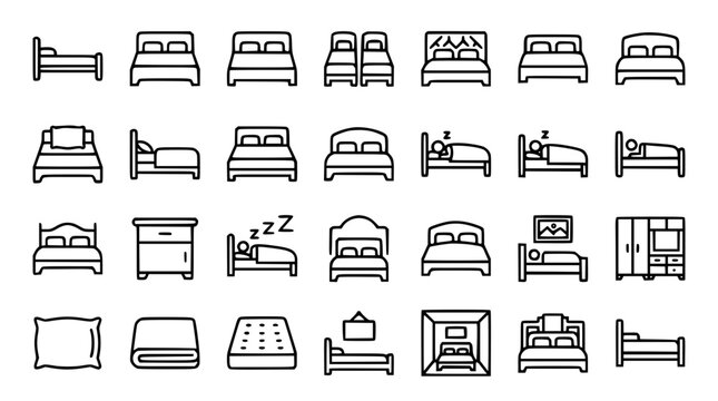 Mega Bedroom Furniture Line Icon Set Featuring Twin Double Beds Mattress Pillow Wardrobe And Nightstand Outline Elements Vector Illustration For Interior Design Layouts