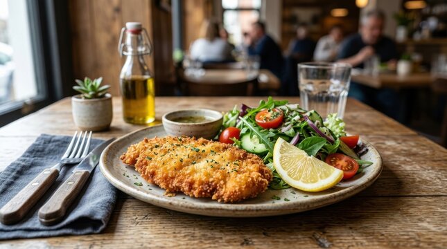 Crispy Breaded Chicken Cutlet With Fresh Salad