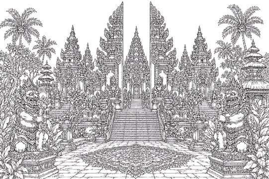 ornate Balinese temple gate complex, Balinese temple architecture, traditional Bali temple gate, split gate candi bentar, ornate Hindu temple entrance, Indonesian cultural heritage, Balinese architect