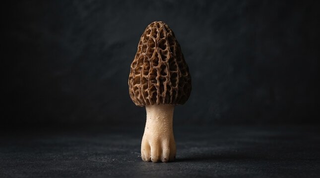 Fresh morel mushroom on dark background, wild edible morchella fungus, gourmet culinary ingredient for fine dining and cooking