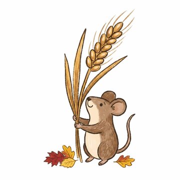 Cute field mouse holding golden wheat stalk children book illustration crayon style isolated on white