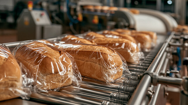 Fresh loaves of bread packaged in plastic wrap moving along an industrial conveyor belt. High-speed automated food production line for a commercial bakery.