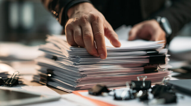 Hands organizing a thick stack of documents with black binder clips on a desk. Professional business administration and paperwork management concept.