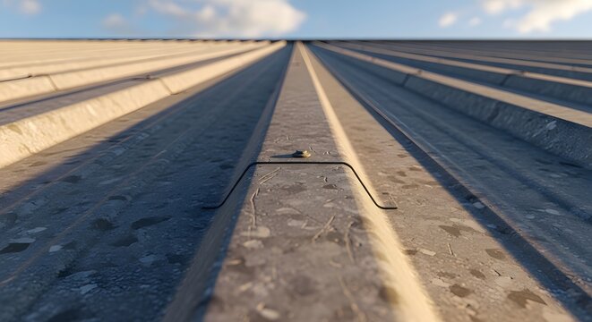 Low angle view of a corrugated metal roof surface with perspective lines.