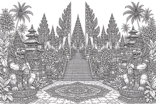 ornate Balinese temple gateway, Balinese temple gate, traditional Bali architecture, candi bentar gate, Balinese Hindu temple, ornate stone gateway, Indonesian cultural heritage, sacred temple entranc