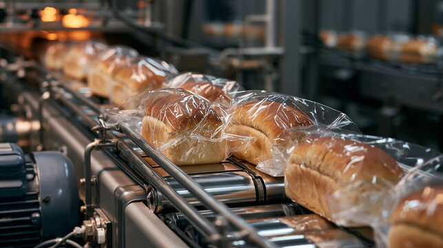 Fresh loaves of bread sealed in plastic film moving steadily along an industrial bakery conveyor belt. Concept for food supply and mass production.