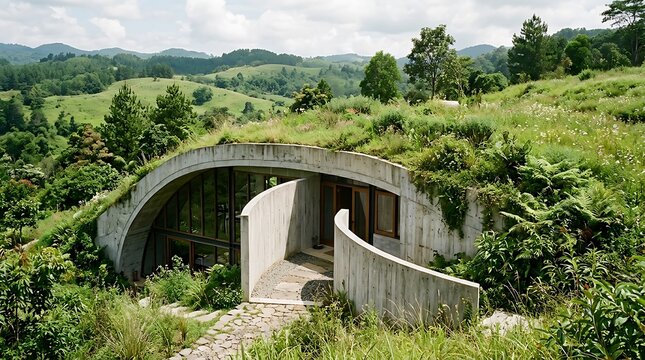 Modern earth sheltered home built into a lush green hillside