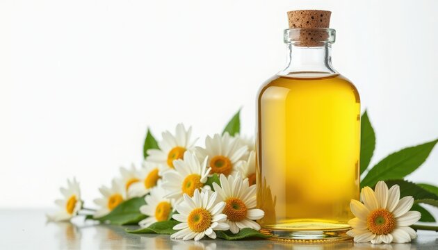 chamomile oil in glass bottle with fresh chamomile flowers and green leaves on white background, chamomile oil reflecting golden color and delicate petals, chamomile oil for skincare, aromatherapy,
