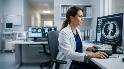 Fototapeta premium Doctor Analyzing Medical Scans on Computer in Hospital Office