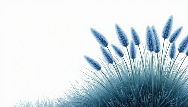 Blue grass ornamental clump with fluffy seed heads and fine spiky foliage close up studio still life showing delicate textures soft high-key background botanical detail minimalist composition concept
