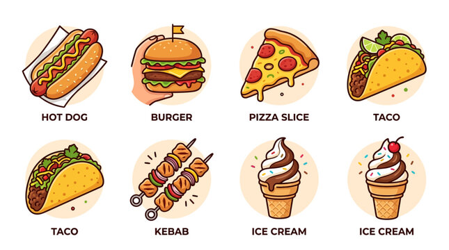 Fast food vector icons set, cartoon junk food illustrations with burger and pizza, 8 colorful meal stickers for restaurant menus