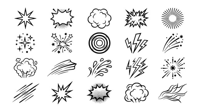 Comic Book Flash Effect and Sound Cloud Icon Set with Hand Drawn Comic Explosion Sparks Lightning Bolts Smoke Trails and Star Burst Dynamic Design Elements Vector