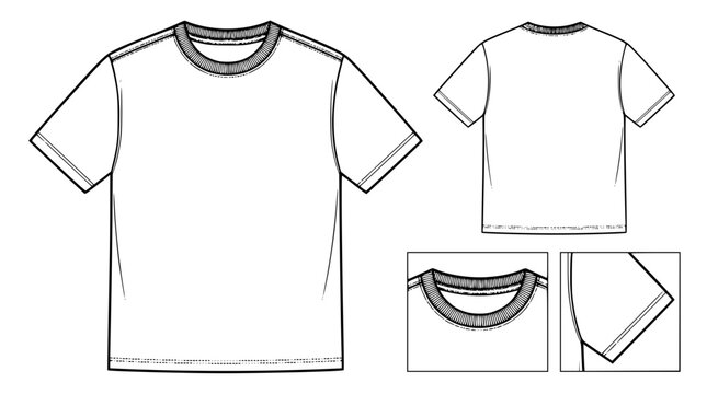 Blank White T Shirt Technical Fashion Sketch Vector Template Front and Back Views with Detailed Crew Neck and Sleeve Inset Illustrations