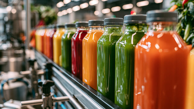 Fresh cold-pressed juices in plastic bottles moving along an automated factory conveyor belt. Beverage industry production and bottling concept.