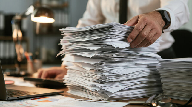 A businessman organizing a massive stack of paperwork on a busy office desk. Concept for heavy workload, corporate administration, and deadline management.