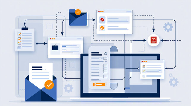 Digital workflow automation process with icons and documents connected to a laptop. Concept for business efficiency and data management solutions.