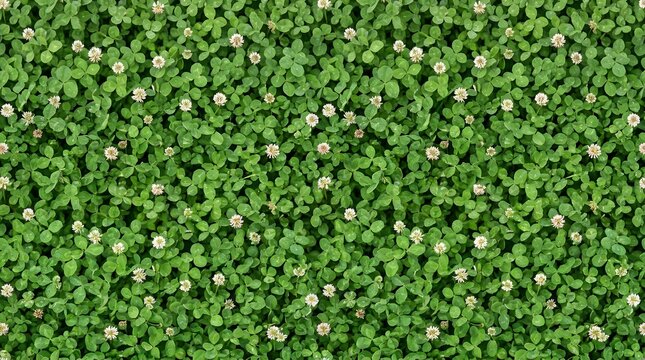 Close-up view of green clover leaves with small white flowers in natural setting.