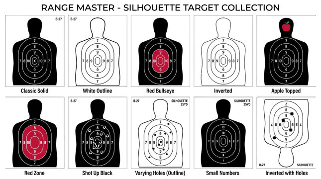Various black and white human silhouette targets featuring numbered scoring rings for shooting range practice training