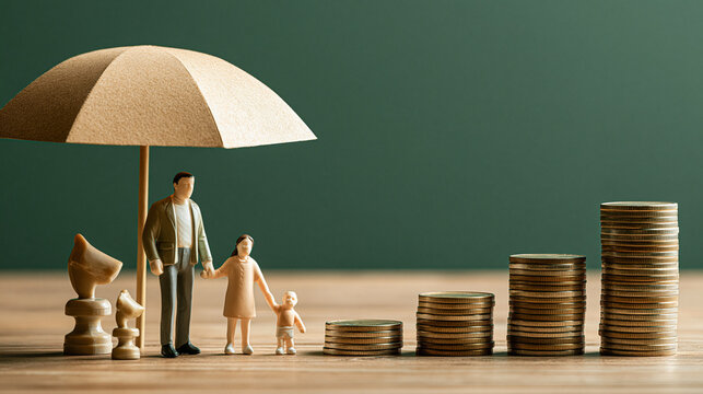 Miniature figurine family standing under a wooden umbrella next to growing stacks of coins. Financial security and insurance planning concept.